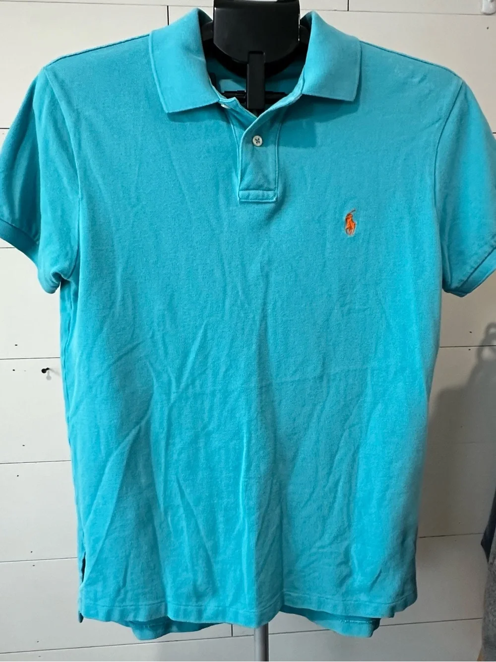 Polo Ralph Lauren Custom Fit Mesh Polo Shirt Turquoise Blue Orange Pony Sz M